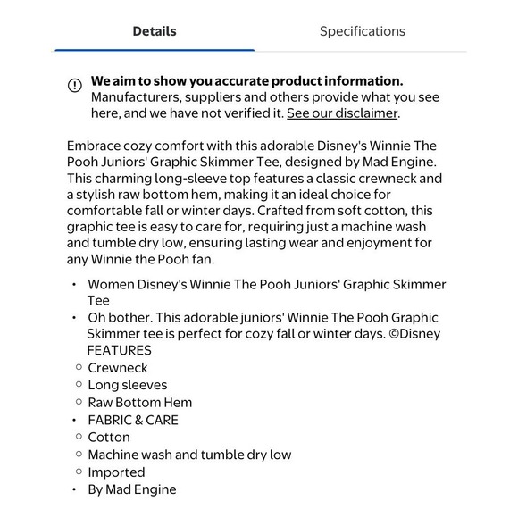 Disney's Winnie The Pooh Juniors' Graphic Skimmer Long Sleeve Tee Medium NWT - Picture 4 of 7